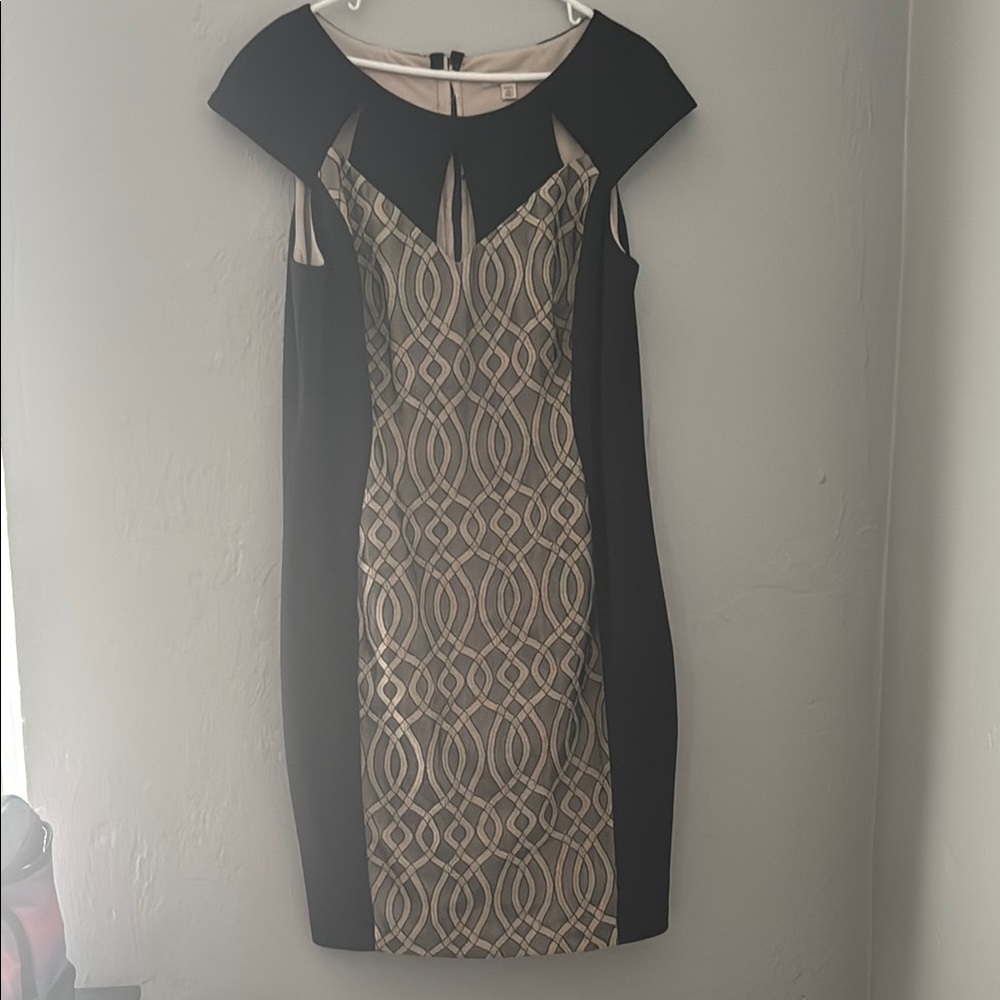 CB Casual Cream and Black Sheath Dress Cold Shoulder Mini 20